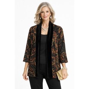 Chicos EasyWear Venetian Paisley Velvet Trim Jacket Claret Black M NYE Artsy